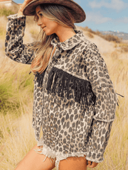 Leopard Fringe Detail Collared Neck Denim Jacket 