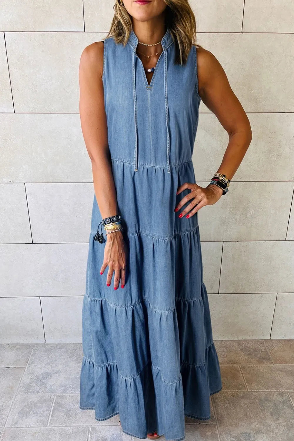 Tie Neck Tiered Maxi Denim Dress 