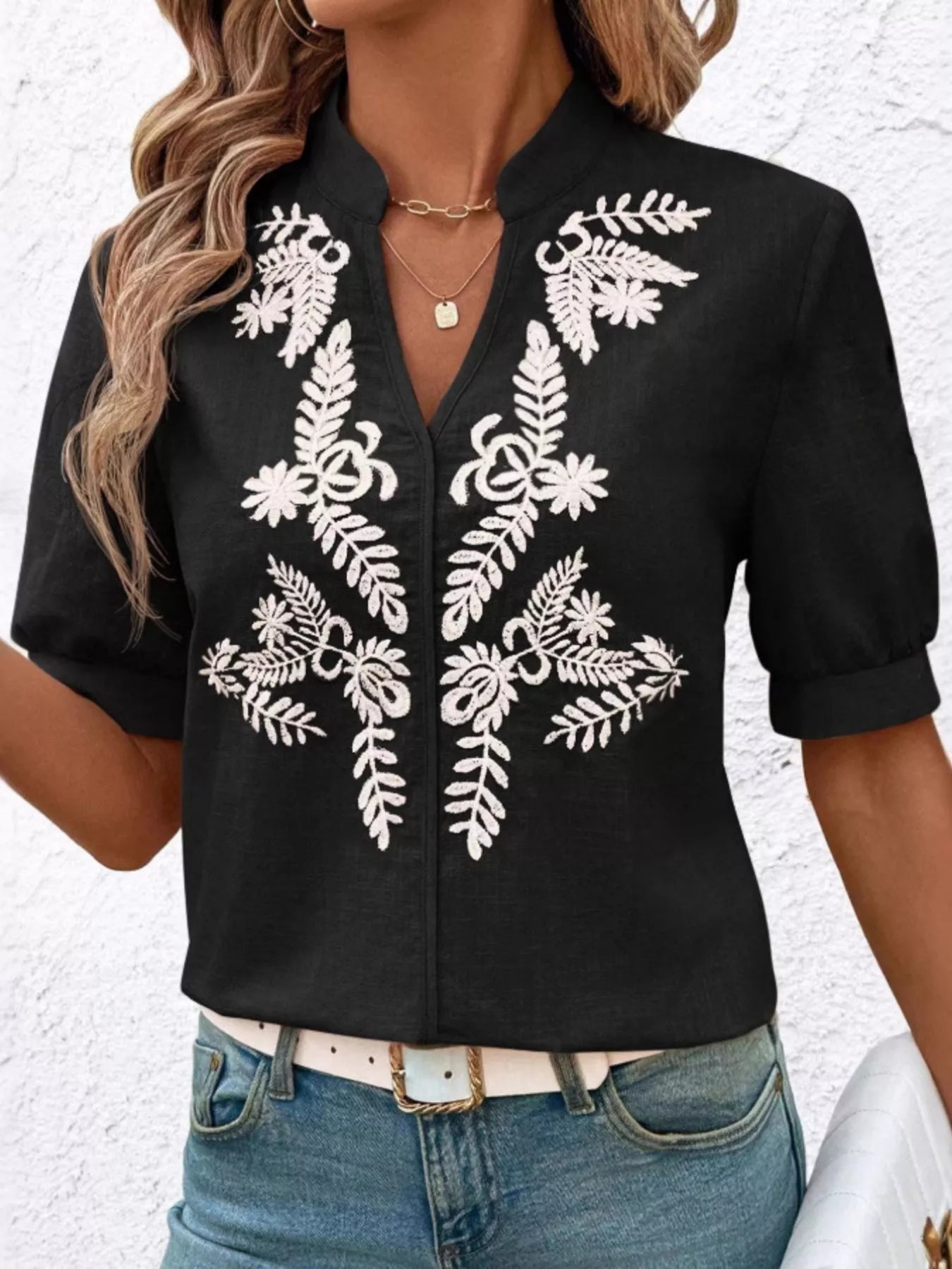 Embroidered Notched Short Sleeve Blouse 