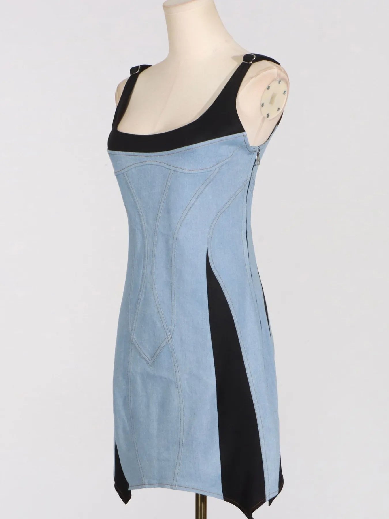 Contrast Adjustable Strap Denim Dress 