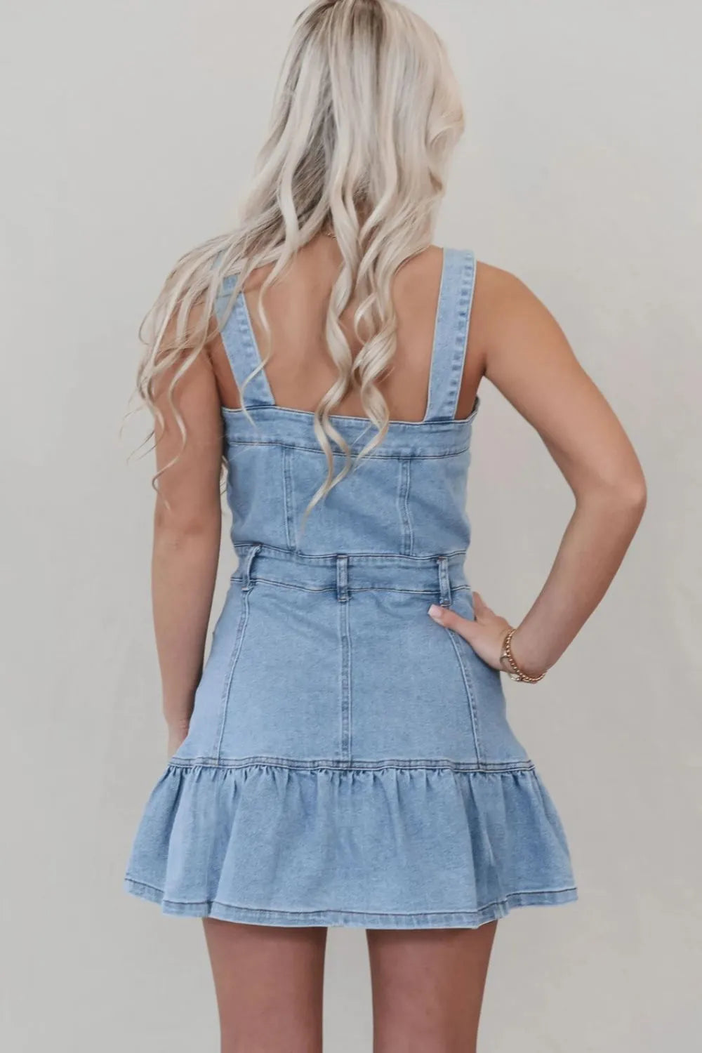 Ruffled Hem Button Front Square Neck Denim Dress 