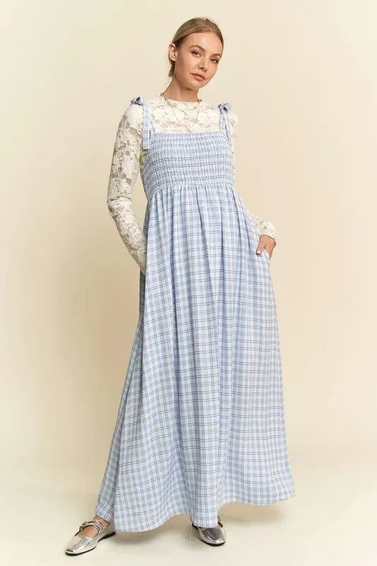 Davi & Dani Plaid Smocking Sleeveless Maxi Dress 