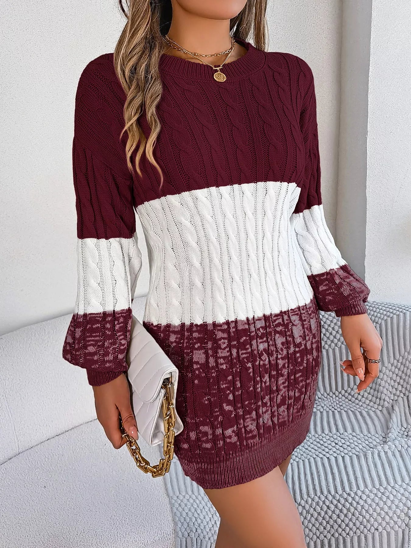 Color Block Cable Knit Sweater Dress with Textured Pattern 