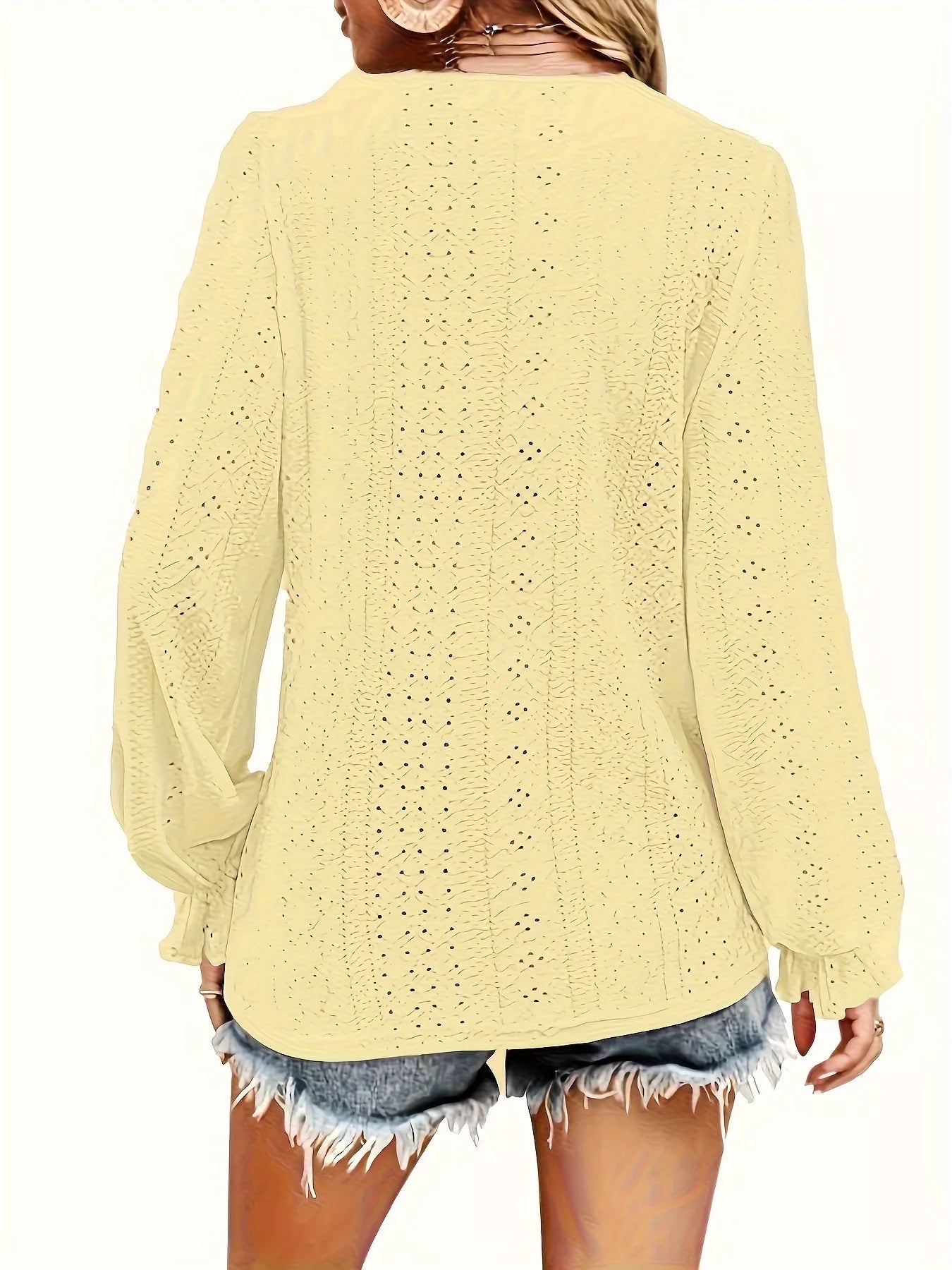 Plus Size Eyelet V-Neck Flounce Sleeve Blouse 