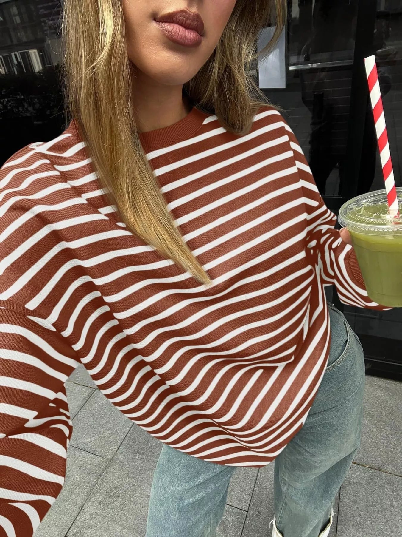 Striped Round Neck Oversized Casual Sweatshirt 