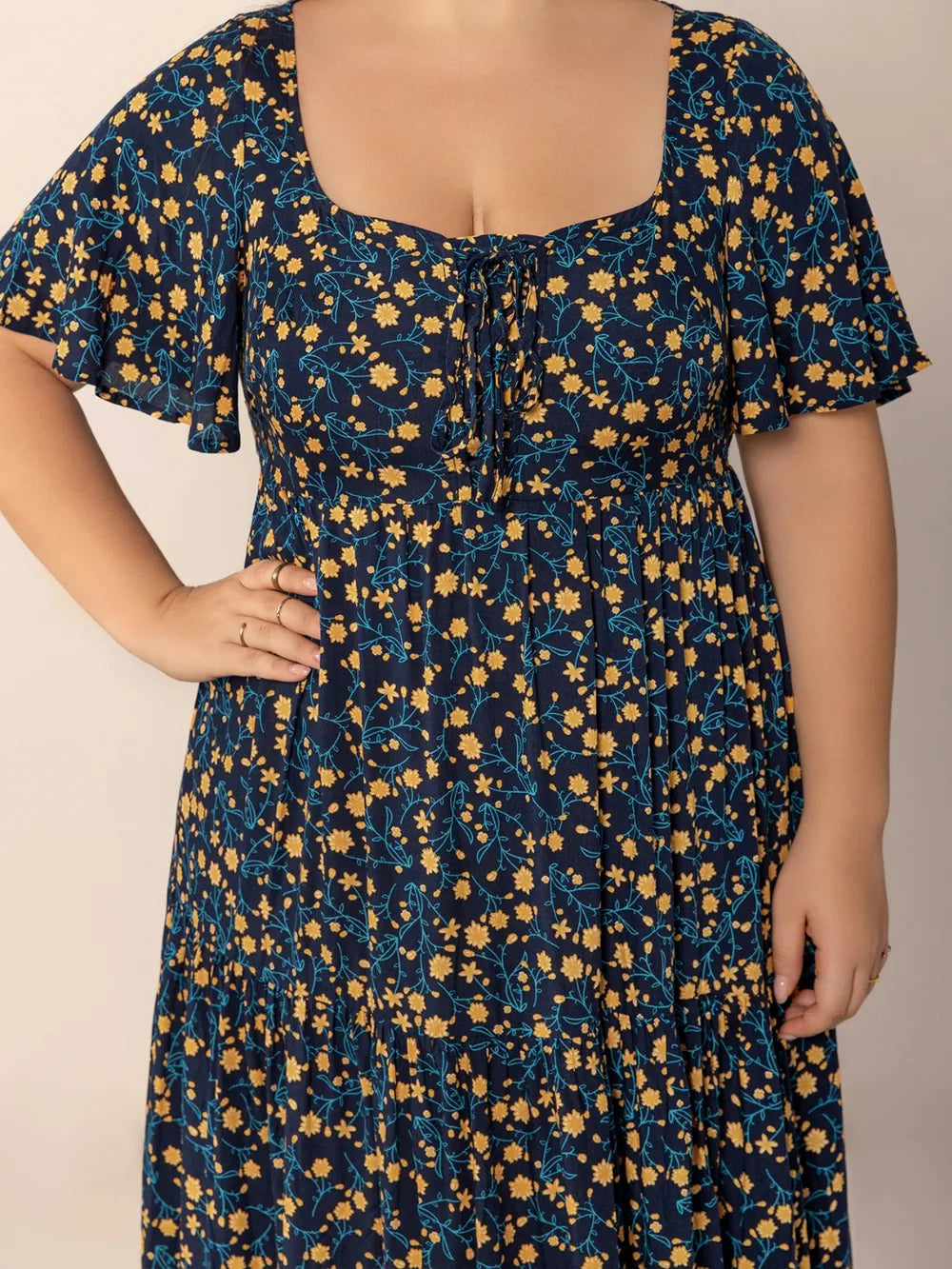 Plus Size Printed Short Sleeve Slit Tiered Maxi Dress 