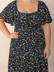 Plus Size Printed Short Sleeve Slit Tiered Maxi Dress 