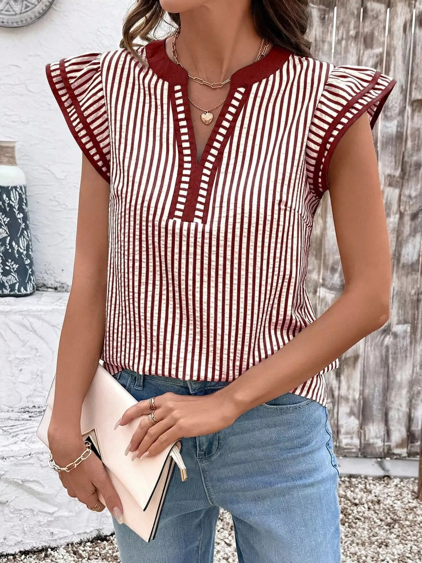 Striped Ruffle Sleeve Blouse 
