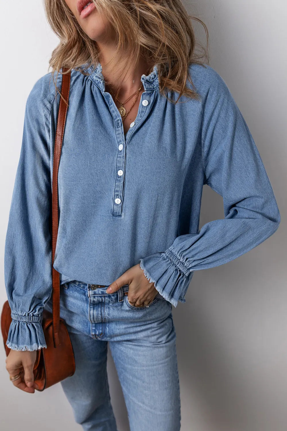 Half Button Long Sleeve Denim Top 