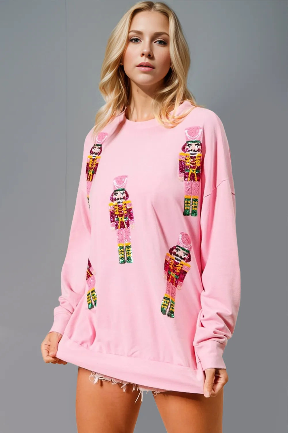 Double Take Sequin Nutcracker Round Neck Long Sleeve Sweatshirt 