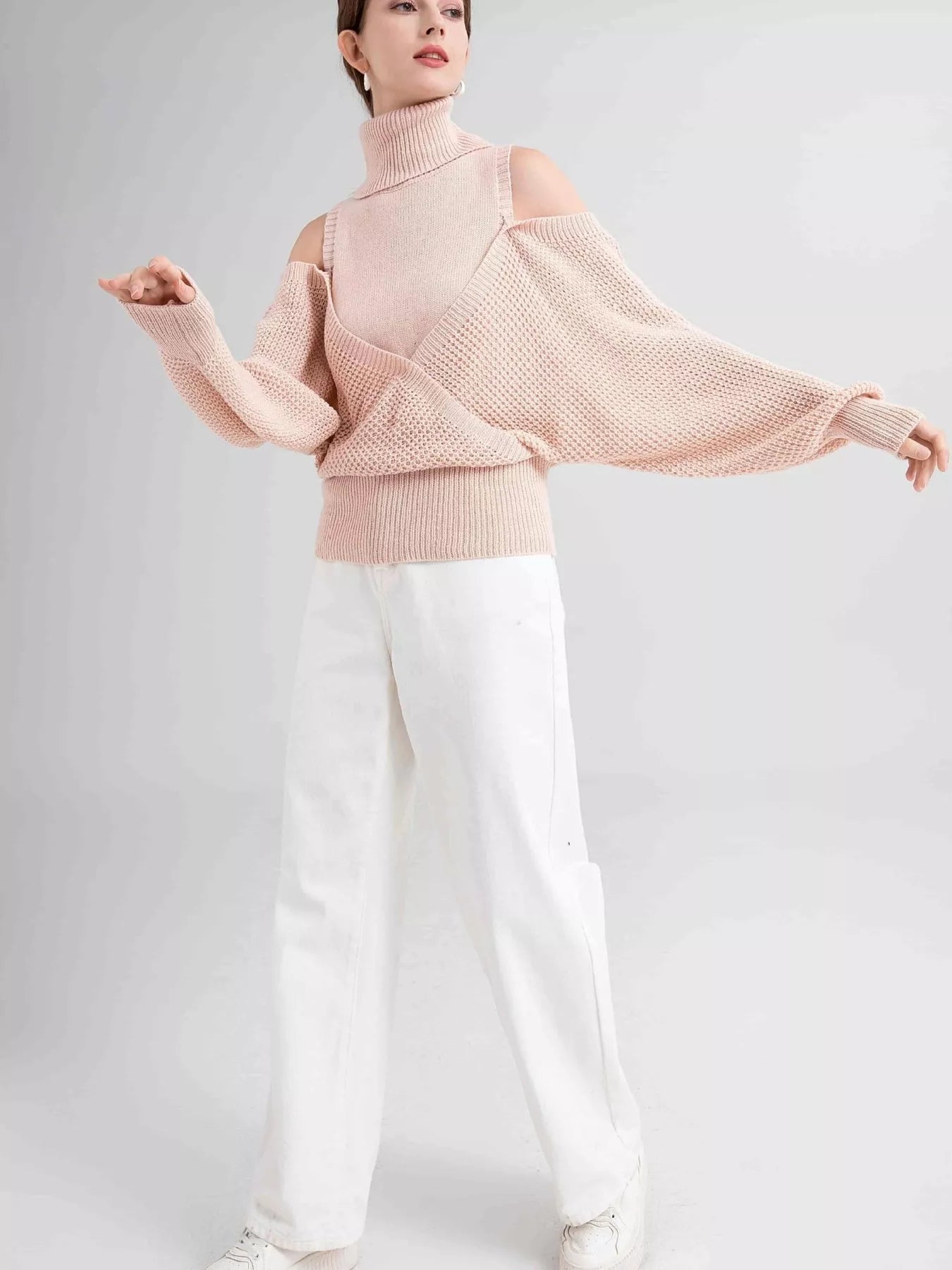 Waffle Knit Cold Shoulder Turtleneck Sweater 