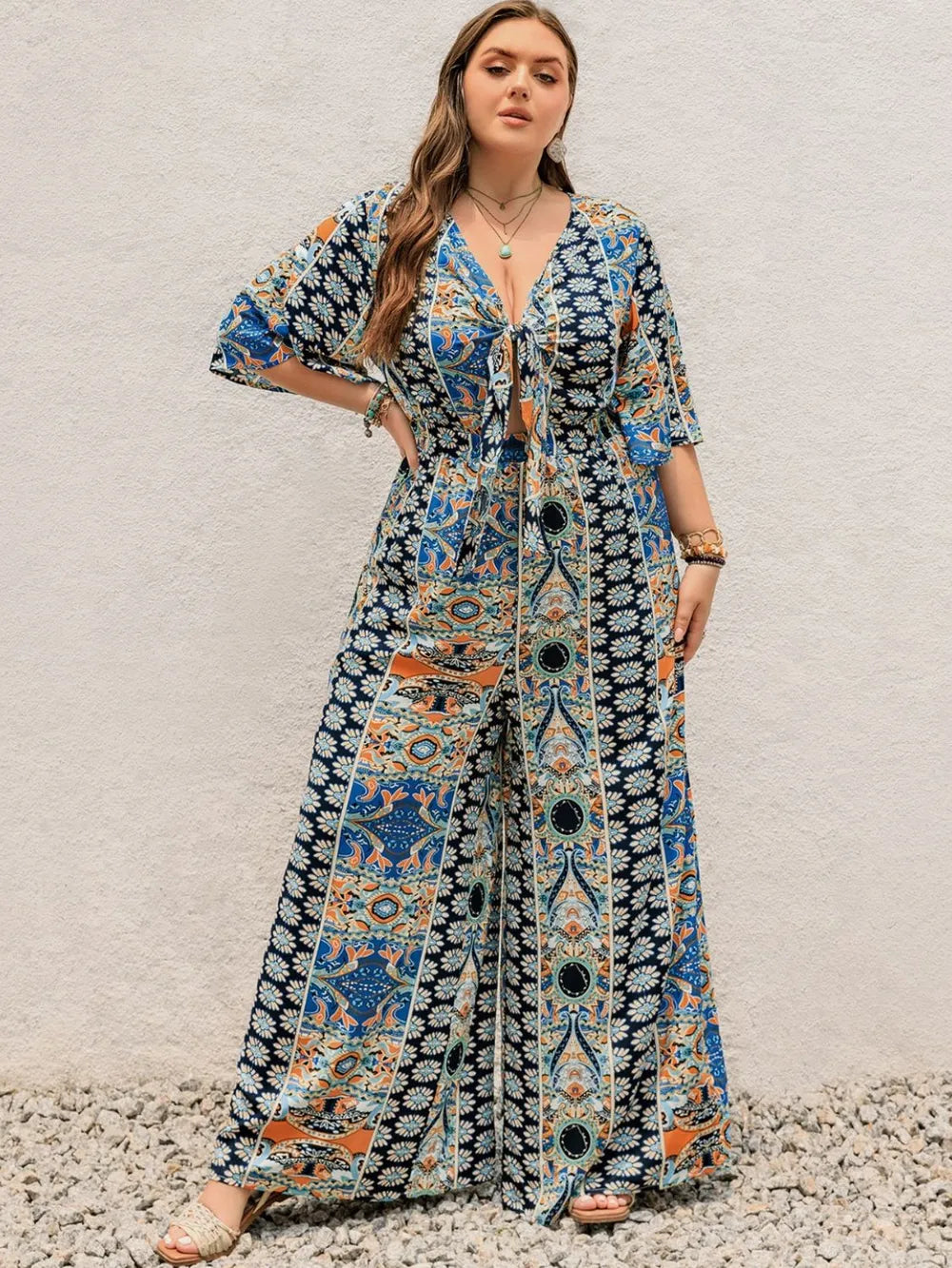 Plus Size Printed Half Sleeve Wide Leg Jumpsuit 