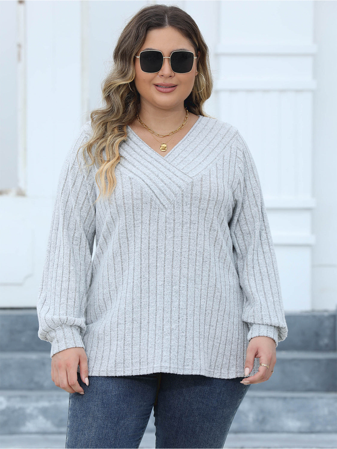 Plus Size Ribbed V-Neck Long Sleeve Top 