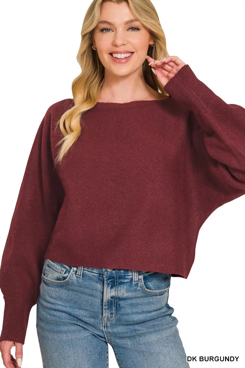 Zenana Boat Neck Balloon Sleeve Sweater 