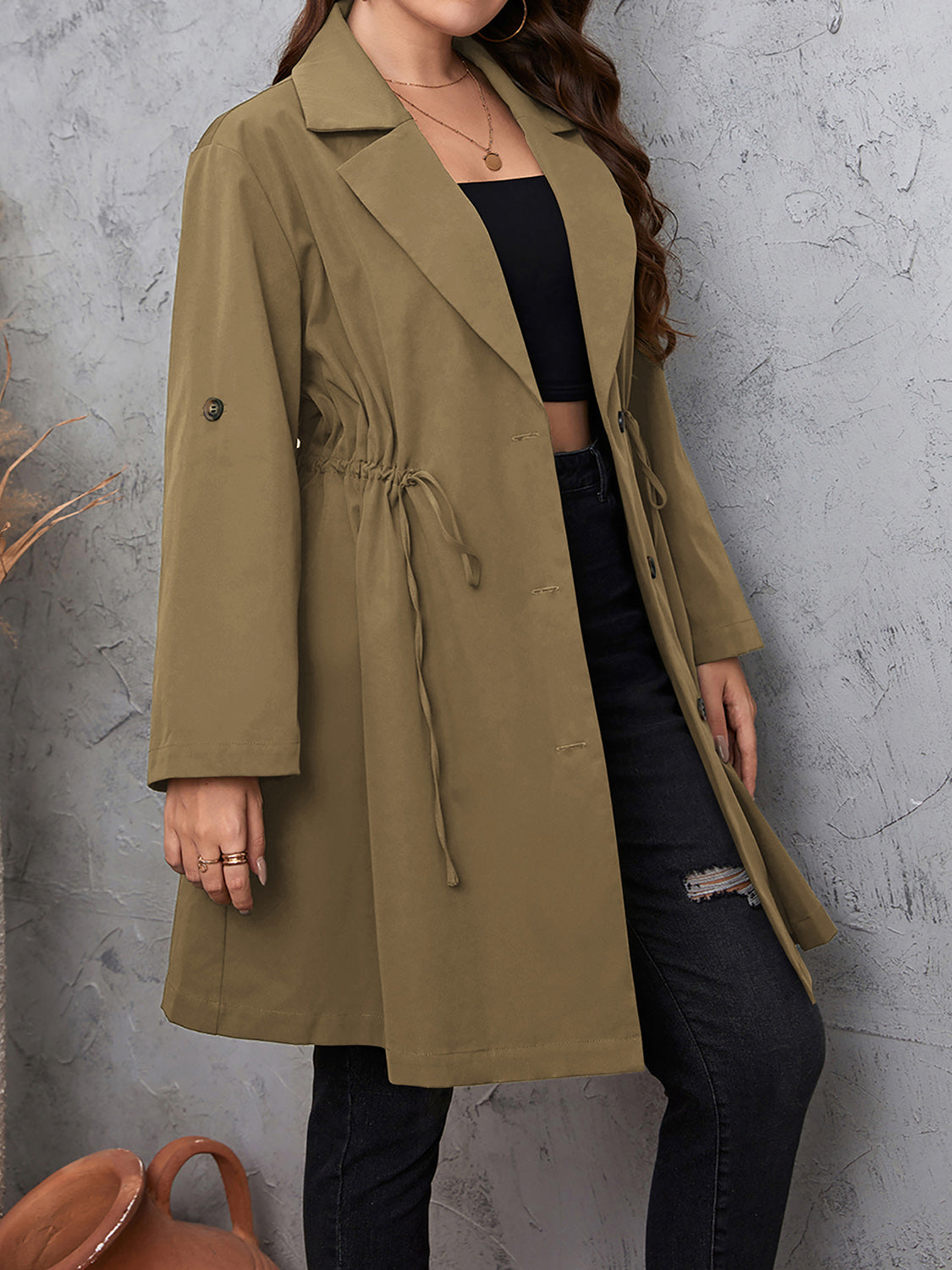 Honey Plus Size Lapel Collar Drawstring Roll-Tab Sleeve Trench Coat 