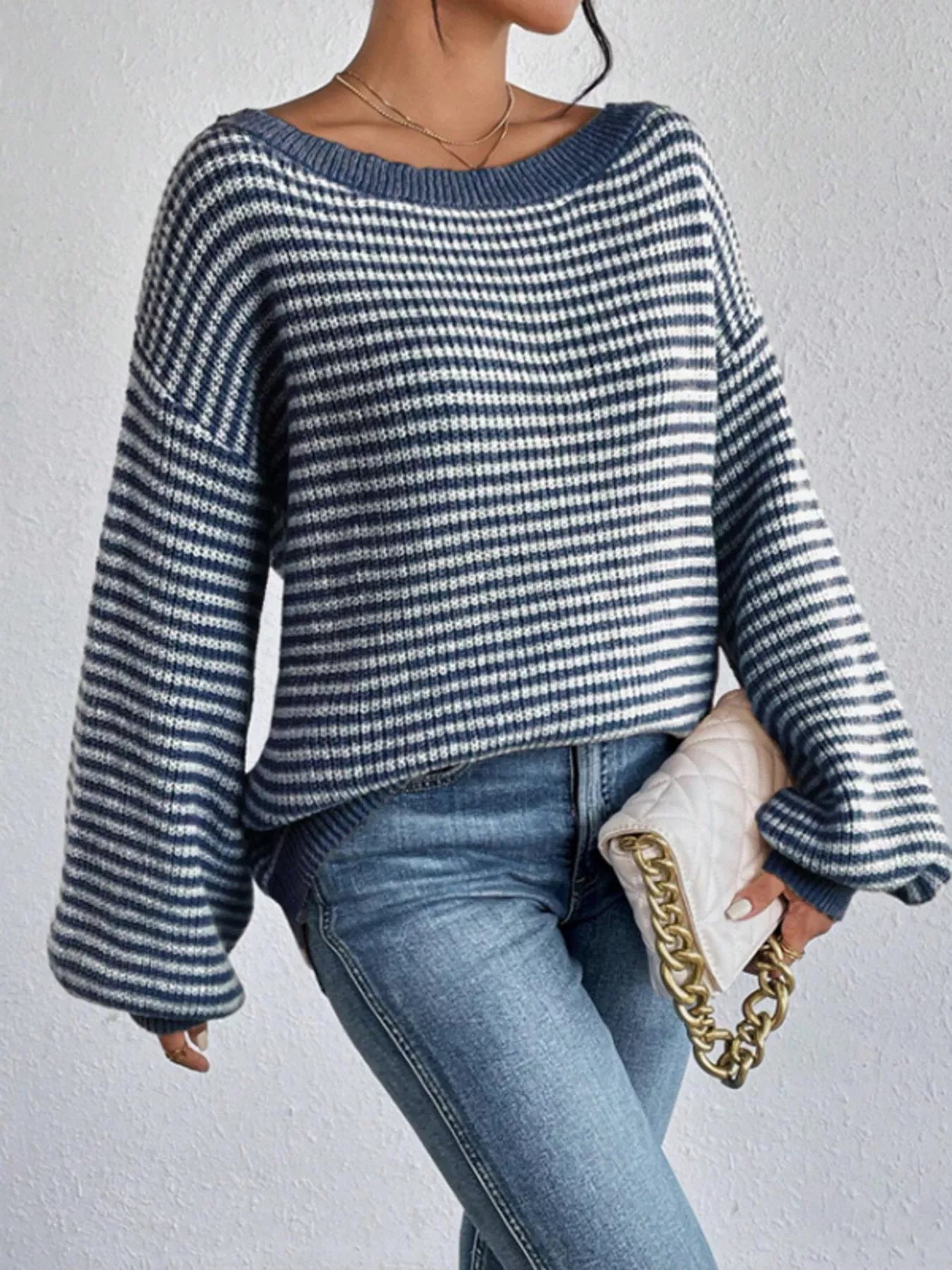 Striped Boat Neck Long Sleeve Sweater 