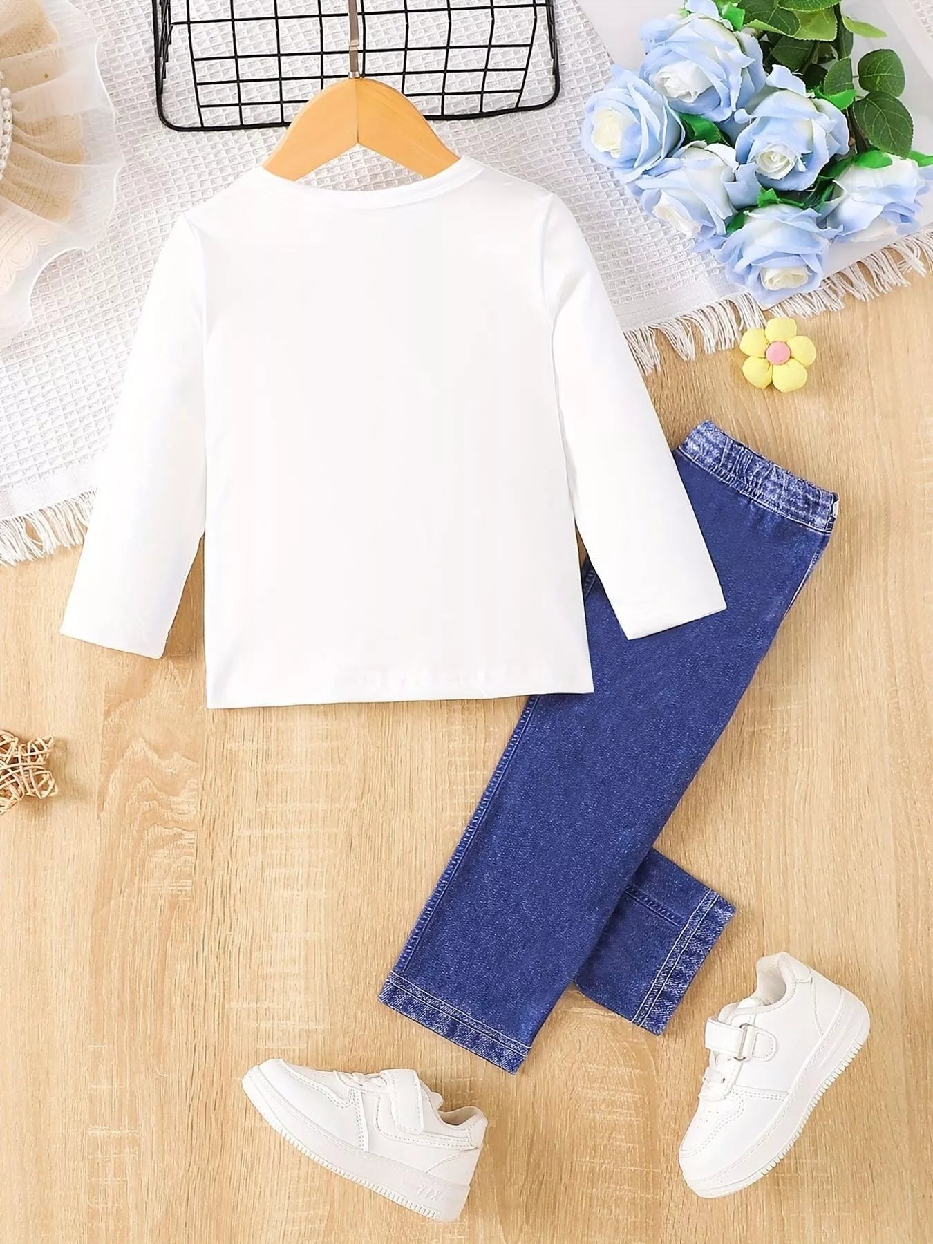 Children's Cartoon Girl Long Sleeve Top & Jeans Set 