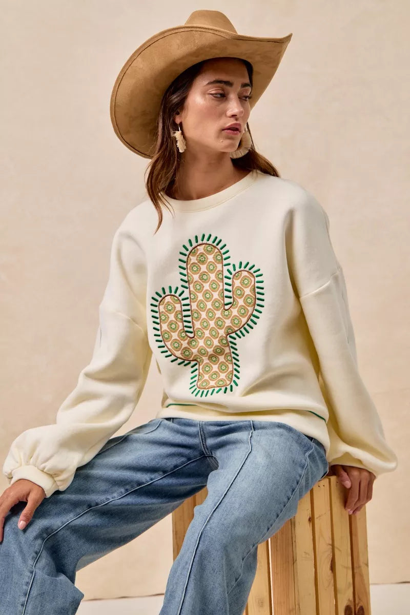 BiBi Cactus Embroidered Fleece Sweatshirt 
