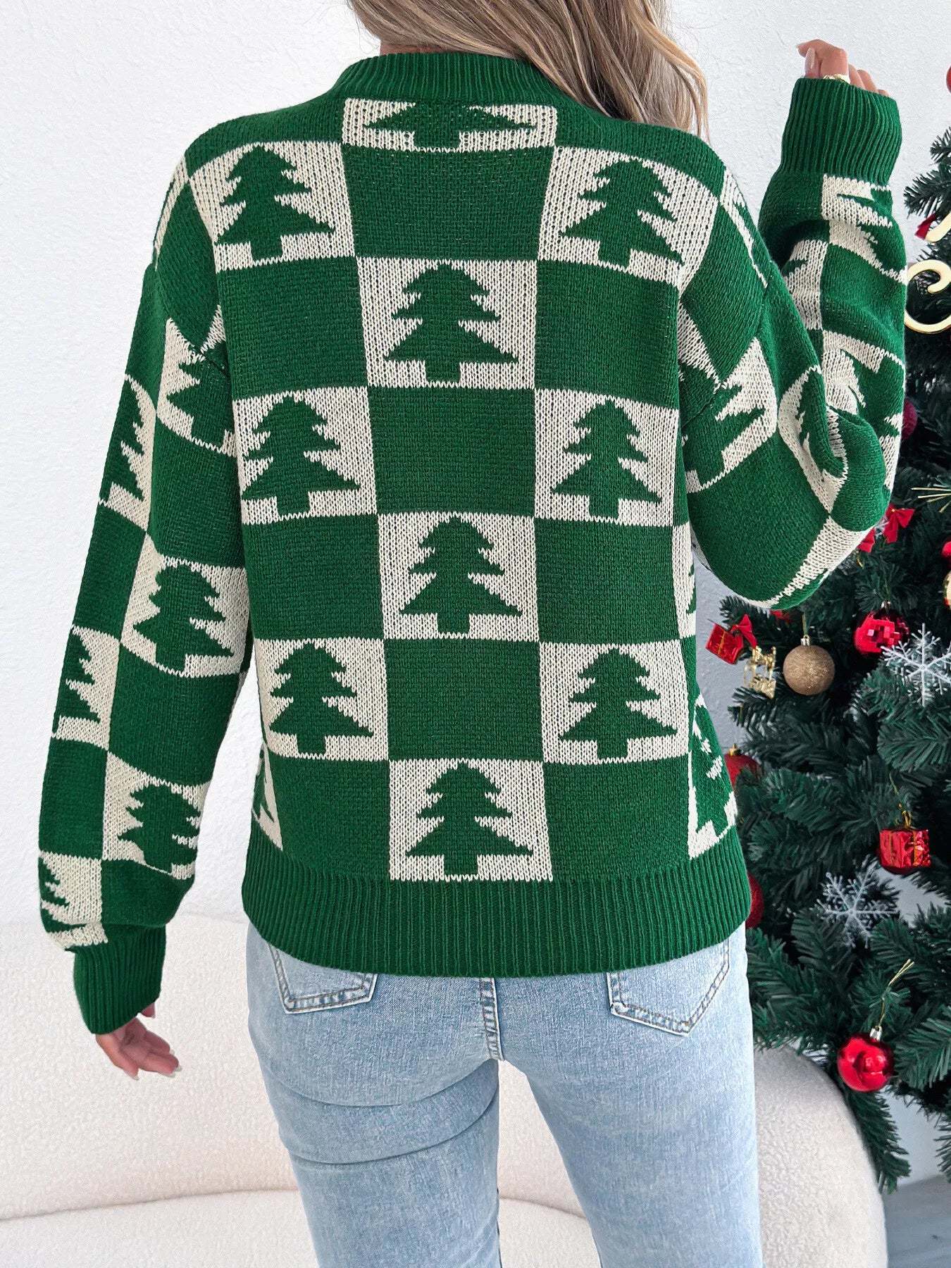 Christmas Tree Checkerboard Pattern Sweater 