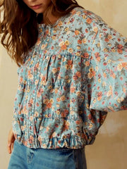 Floral Print Zip Up Cropped Denim Jacket 