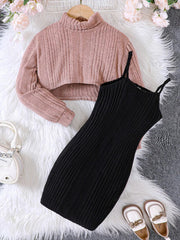 Children's Ribbed Knit Two-Tone Dress Set 