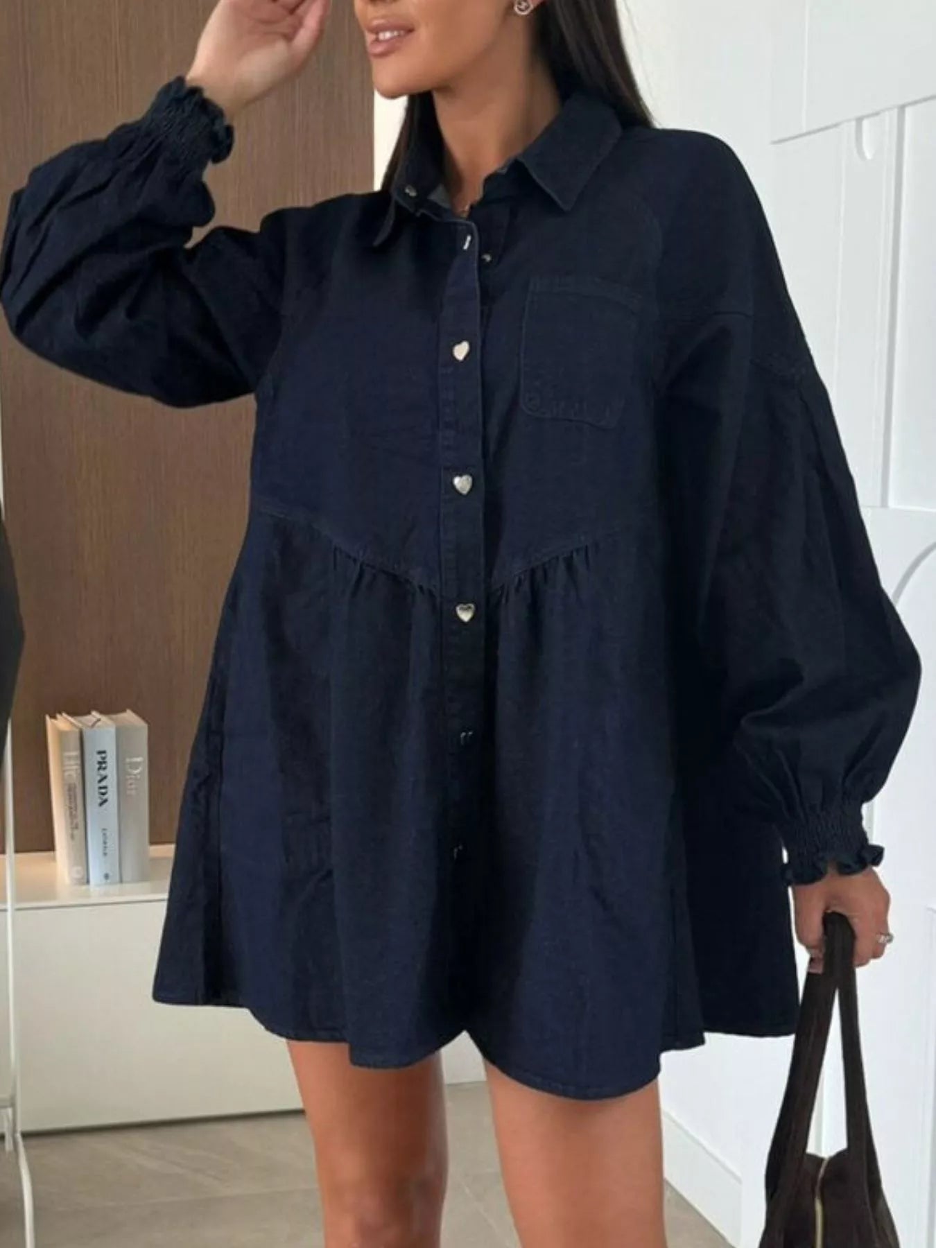 Button Down Mini Denim Dress with Front Pockets 