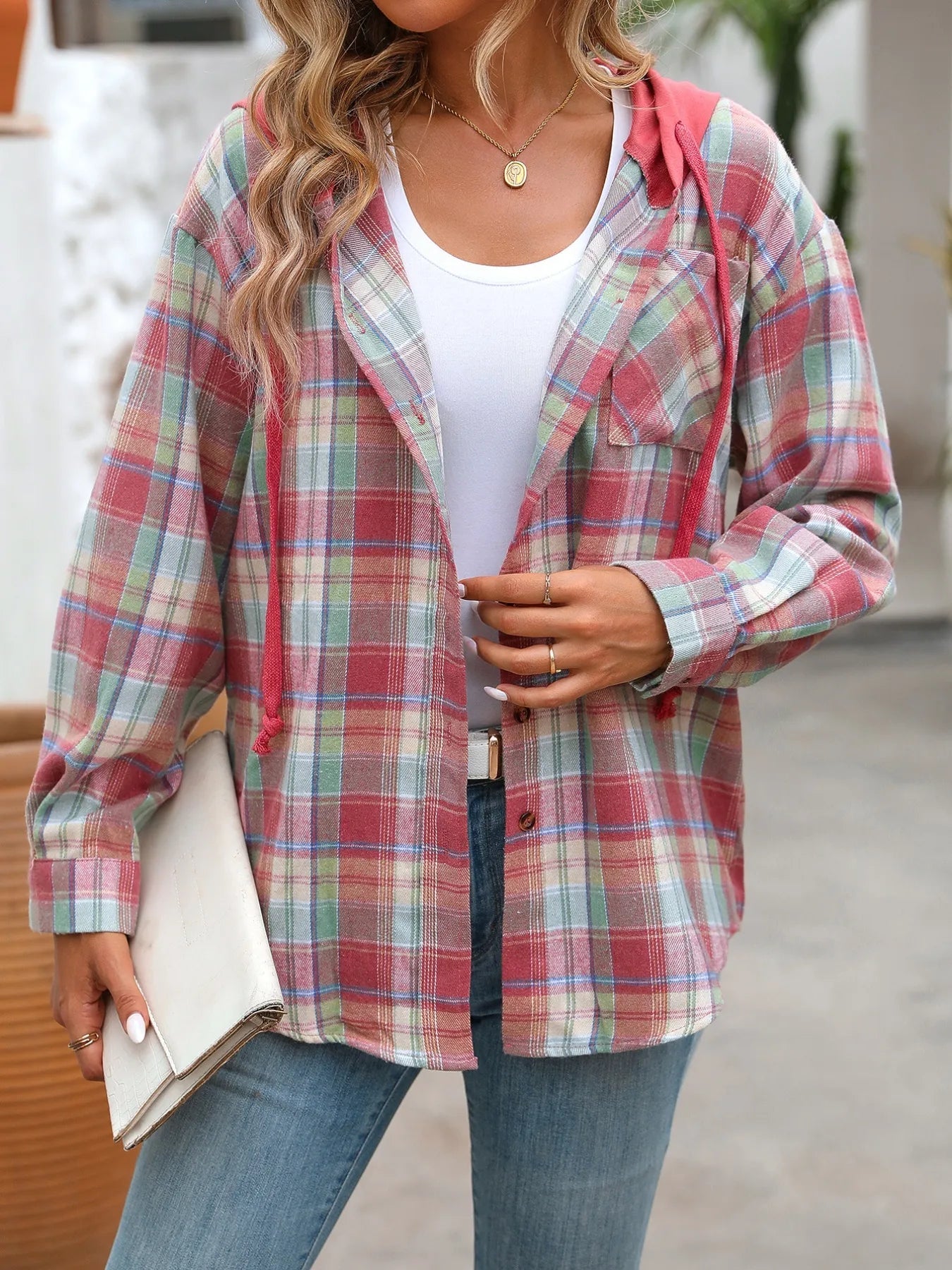 Plaid Button-Up Hooded Shirt with Chest Pocket 