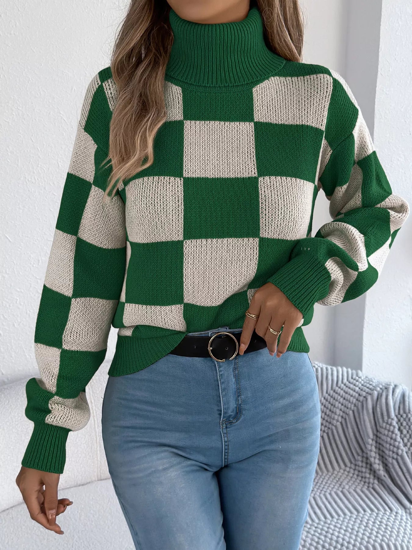 Checkered Turtleneck Long Sleeve Sweater 