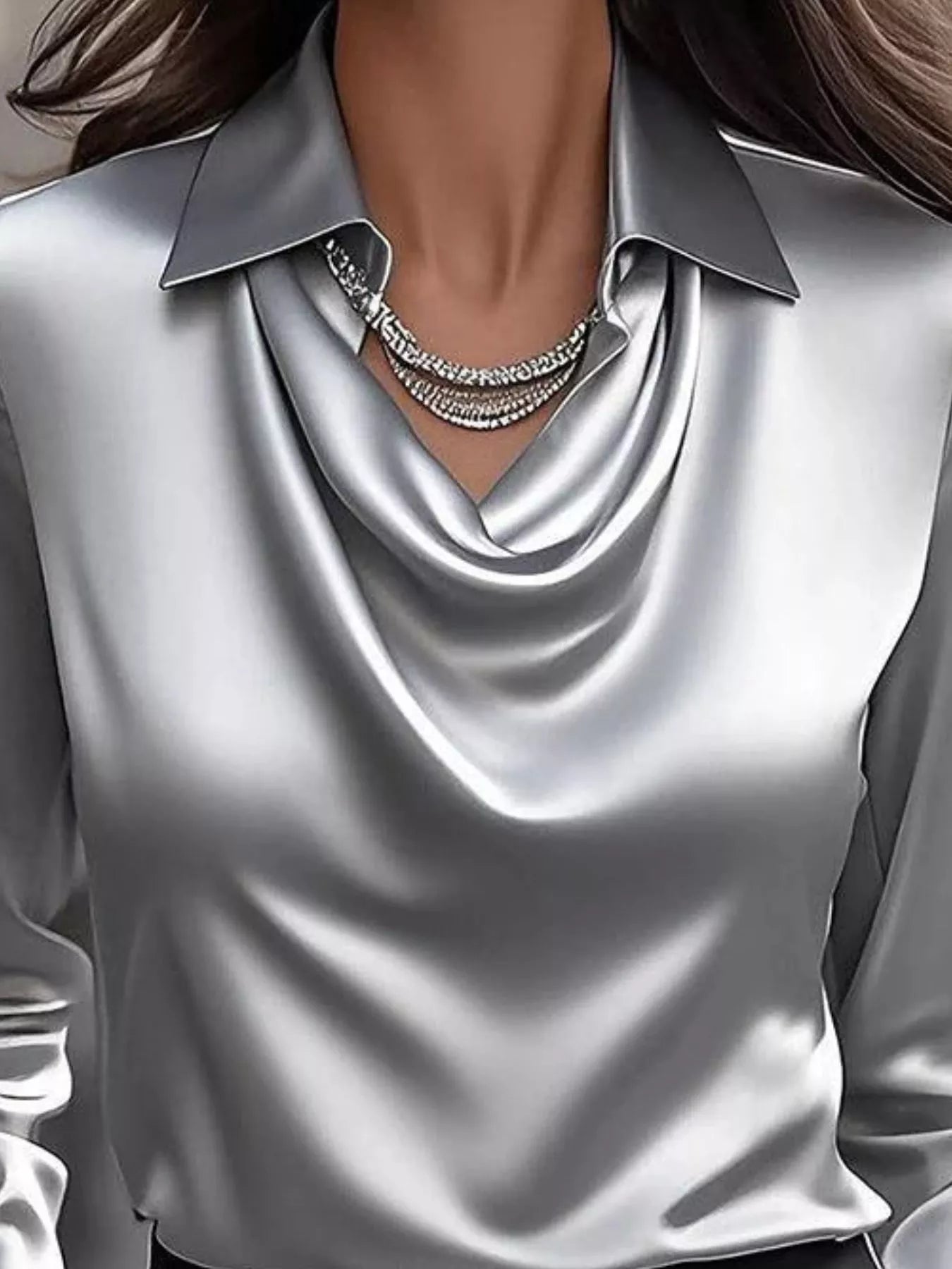 Ruched Long Sleeve Drape Collar Blouse 