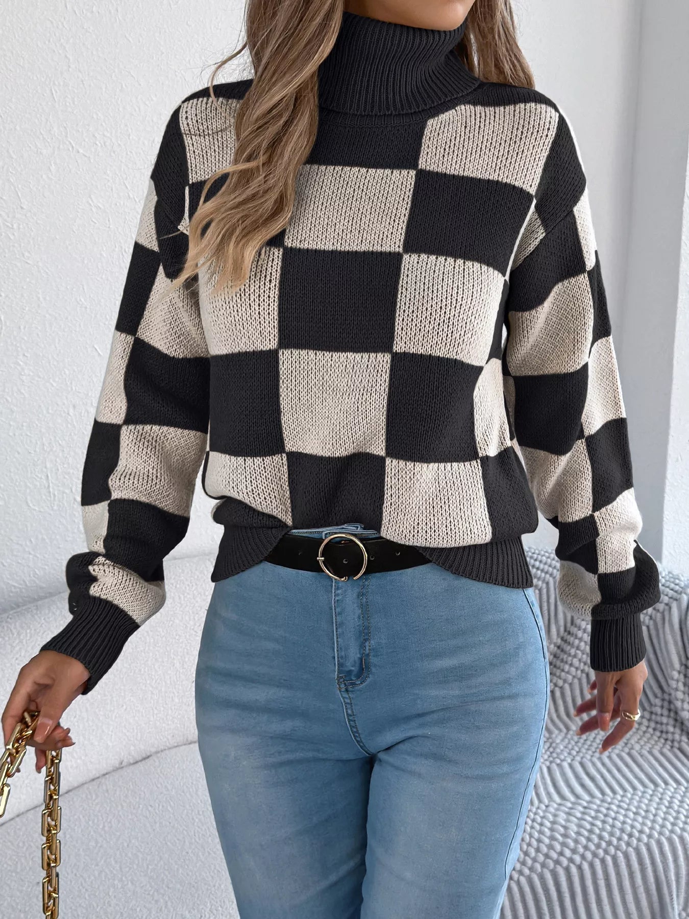 Checkered Turtleneck Long Sleeve Sweater 