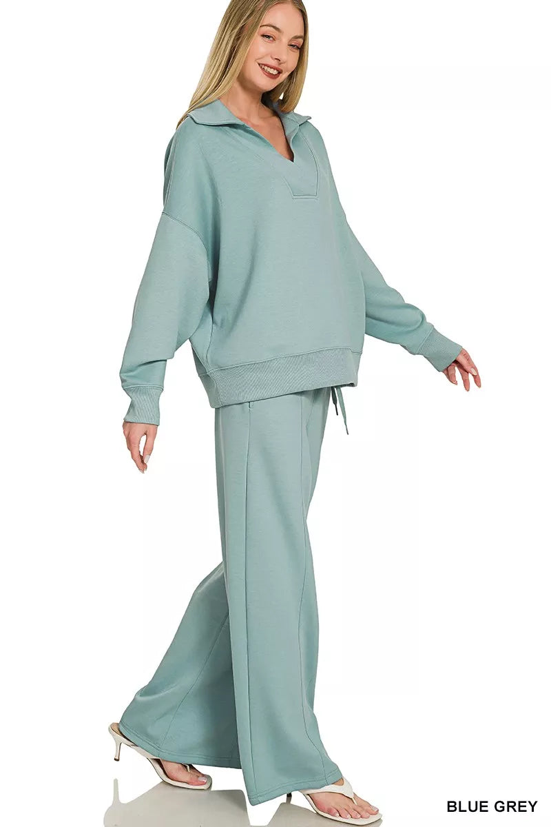 Zenana Scuba Collared Pullover & Center Seam Pants Set 