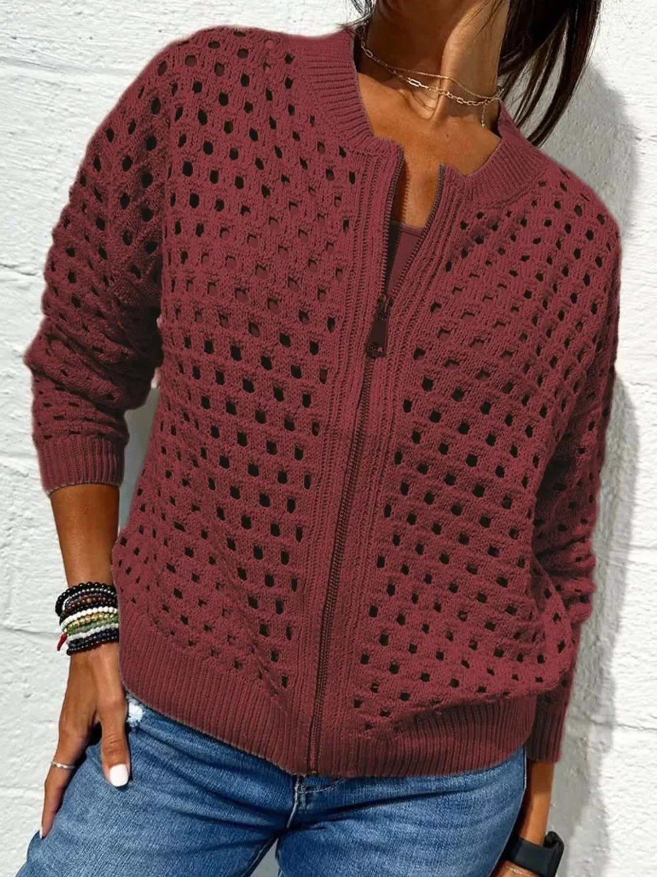 Full Size Zip Up Long Sleeve Cardigan with Eyelet Detail Plus Size 