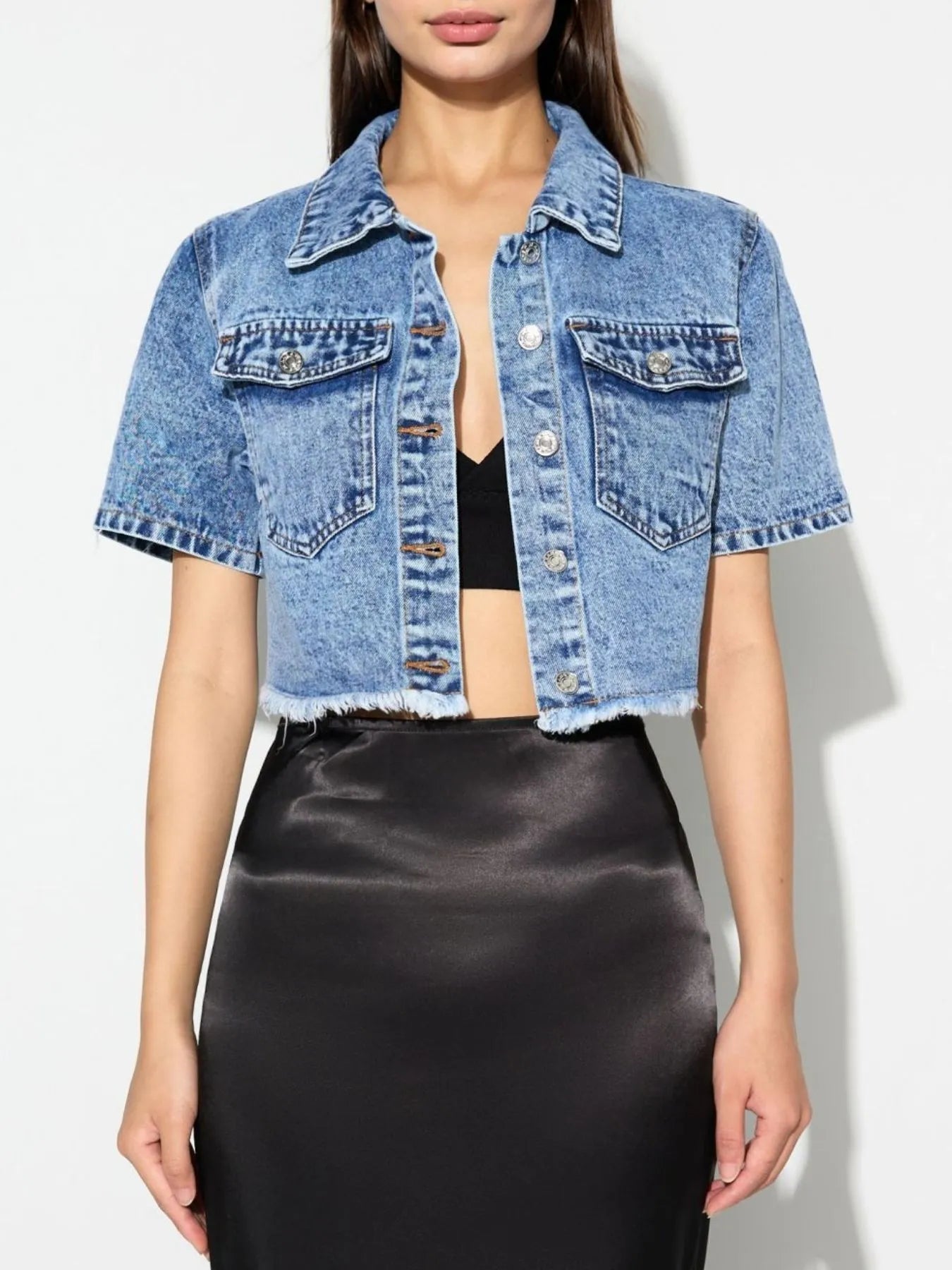 Cropped Short Sleeve Denim Jacket with Frayed Hem 