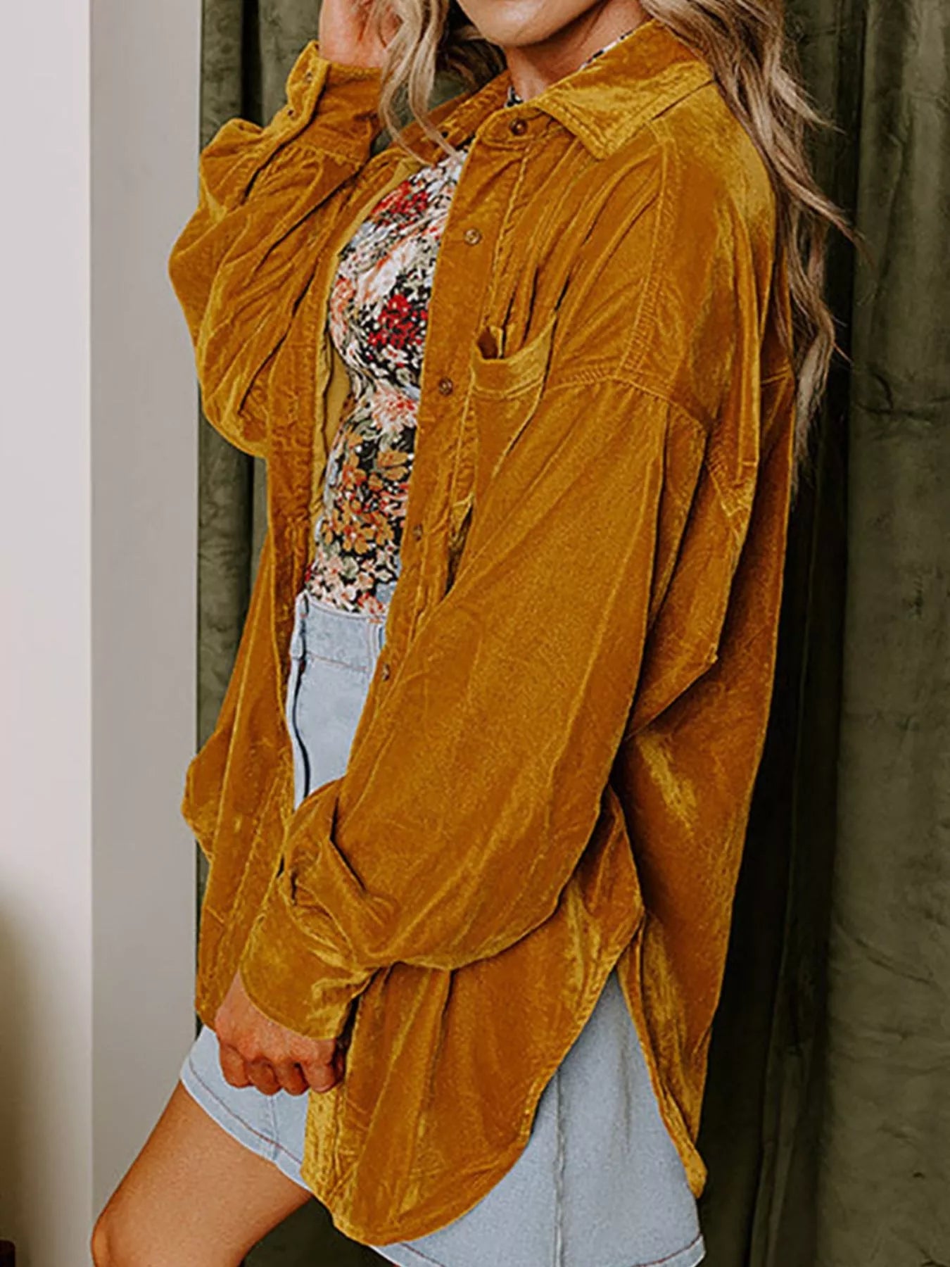 Velvet Button-Down Long Sleeve Shirt 