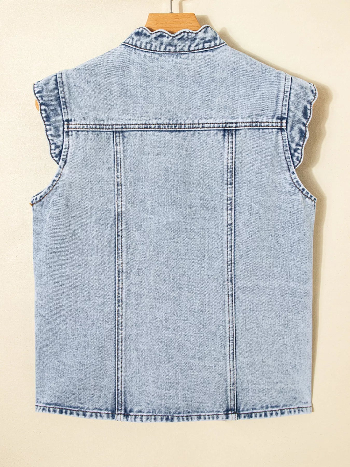 Scalloped Trim Patch Pocket Button Front Denim Vest 