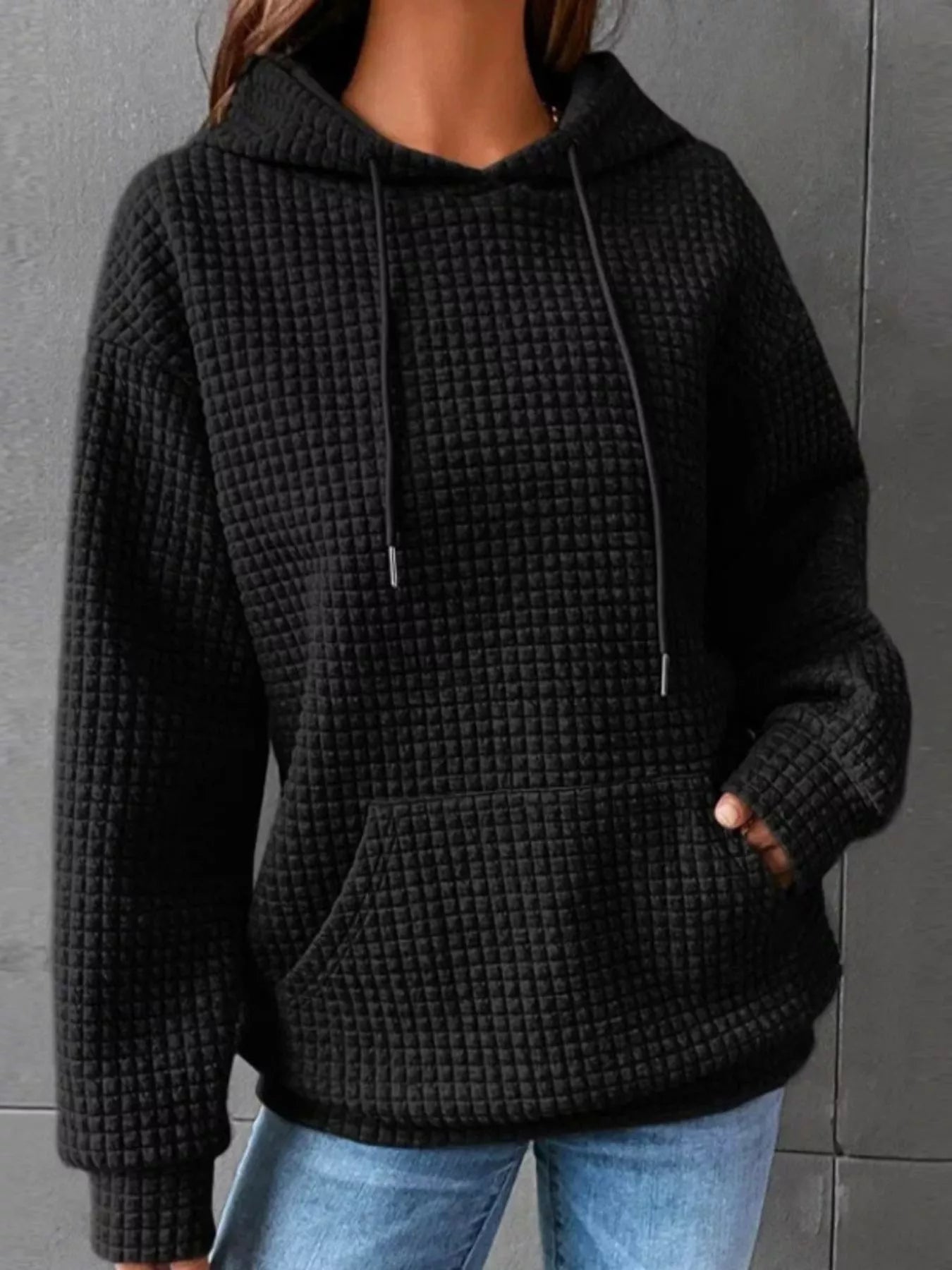 Waffle Knit Hoodie with Drawstring Details 