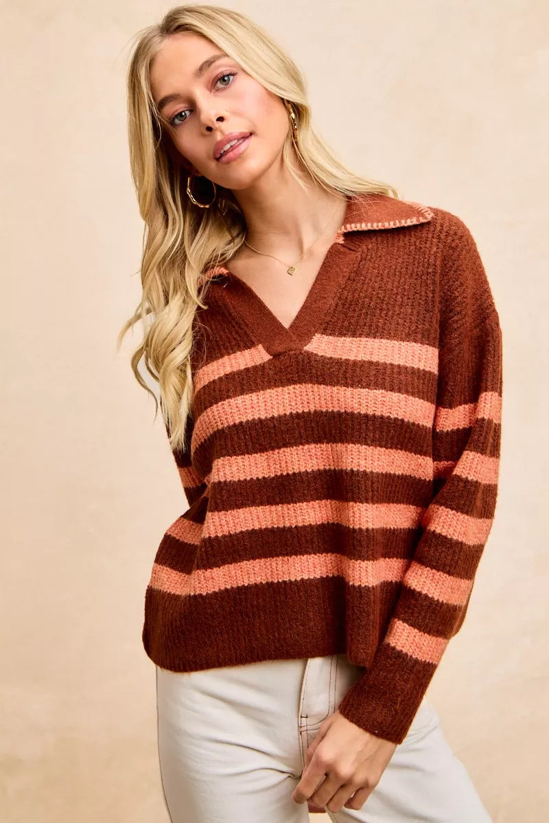 BiBi Striped Sweater Top with Collar Stitched Details 