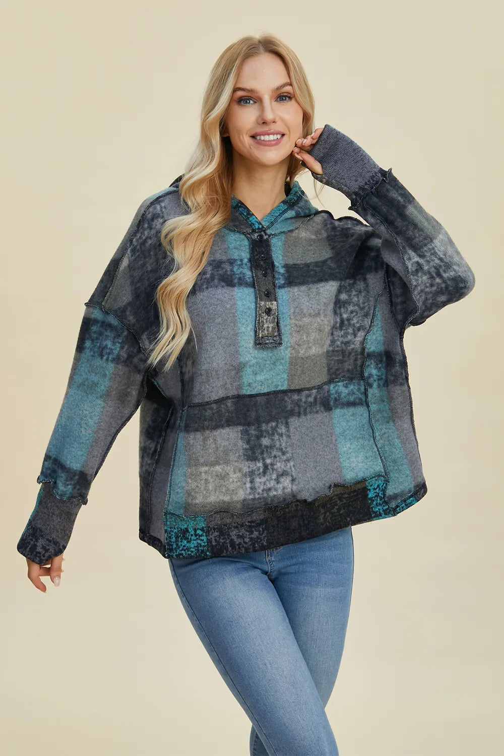 Double Take Full Size Plaid Dropped Shoulder Fleece Hoodie 