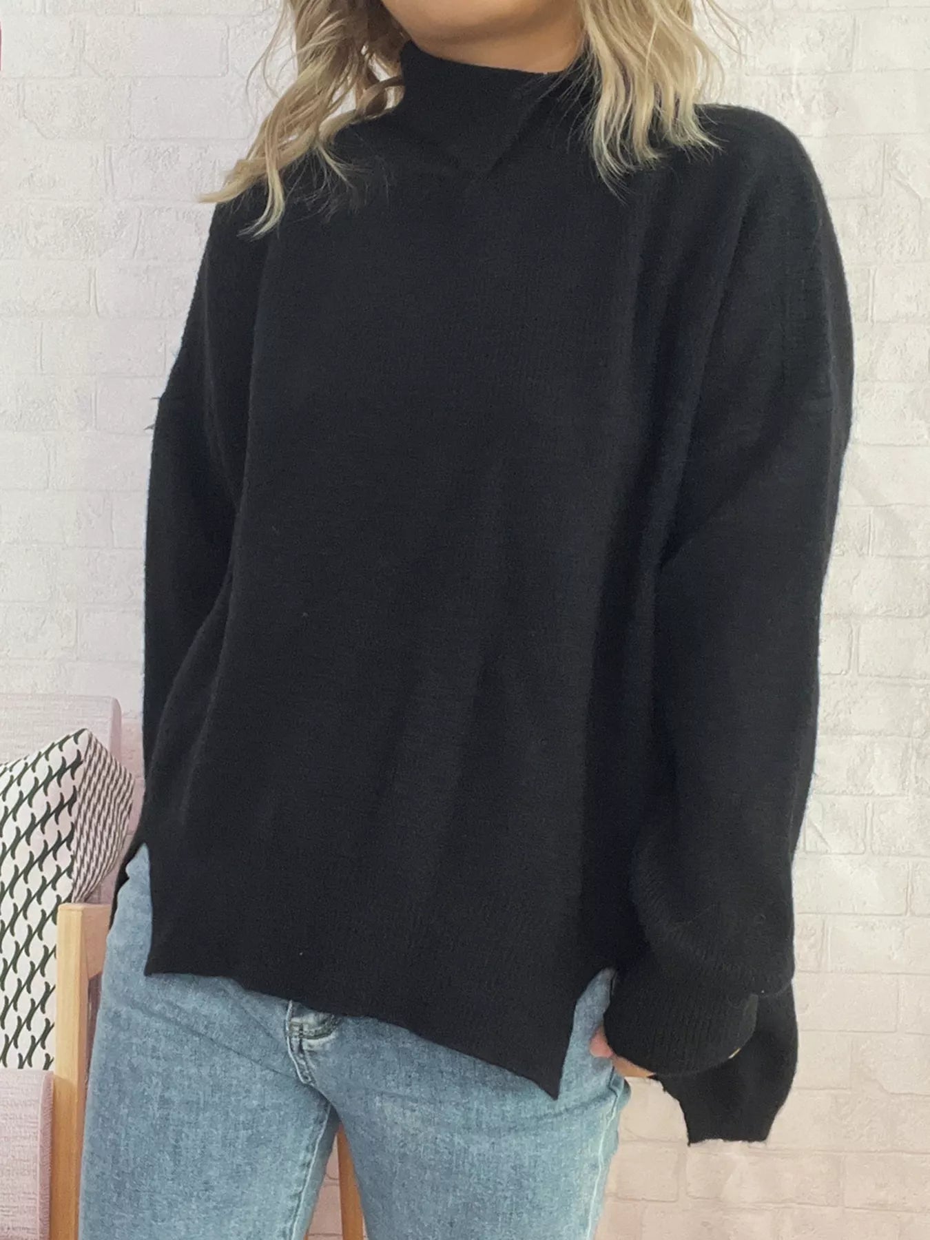 Slit Turtleneck Long Sleeve Sweater 