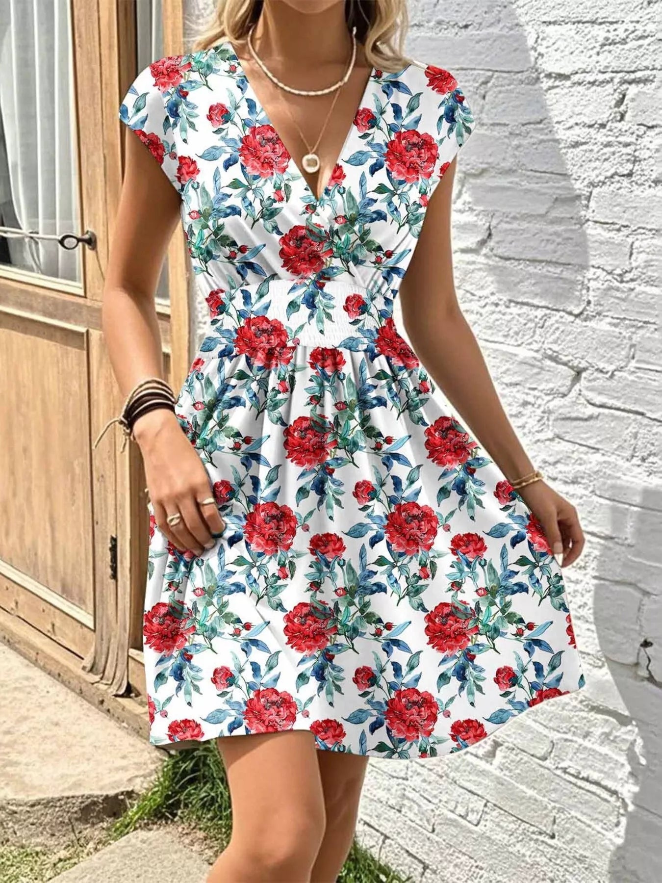 Floral Print Surplice Mini Dress 