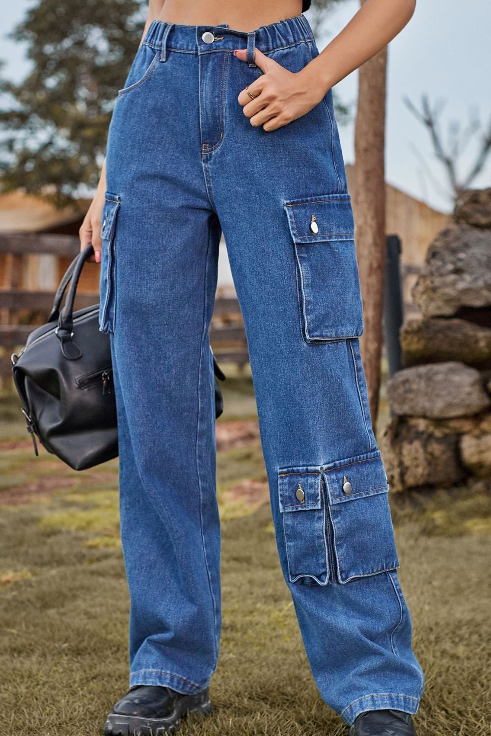 Loose Fit Long Jeans with Pockets 