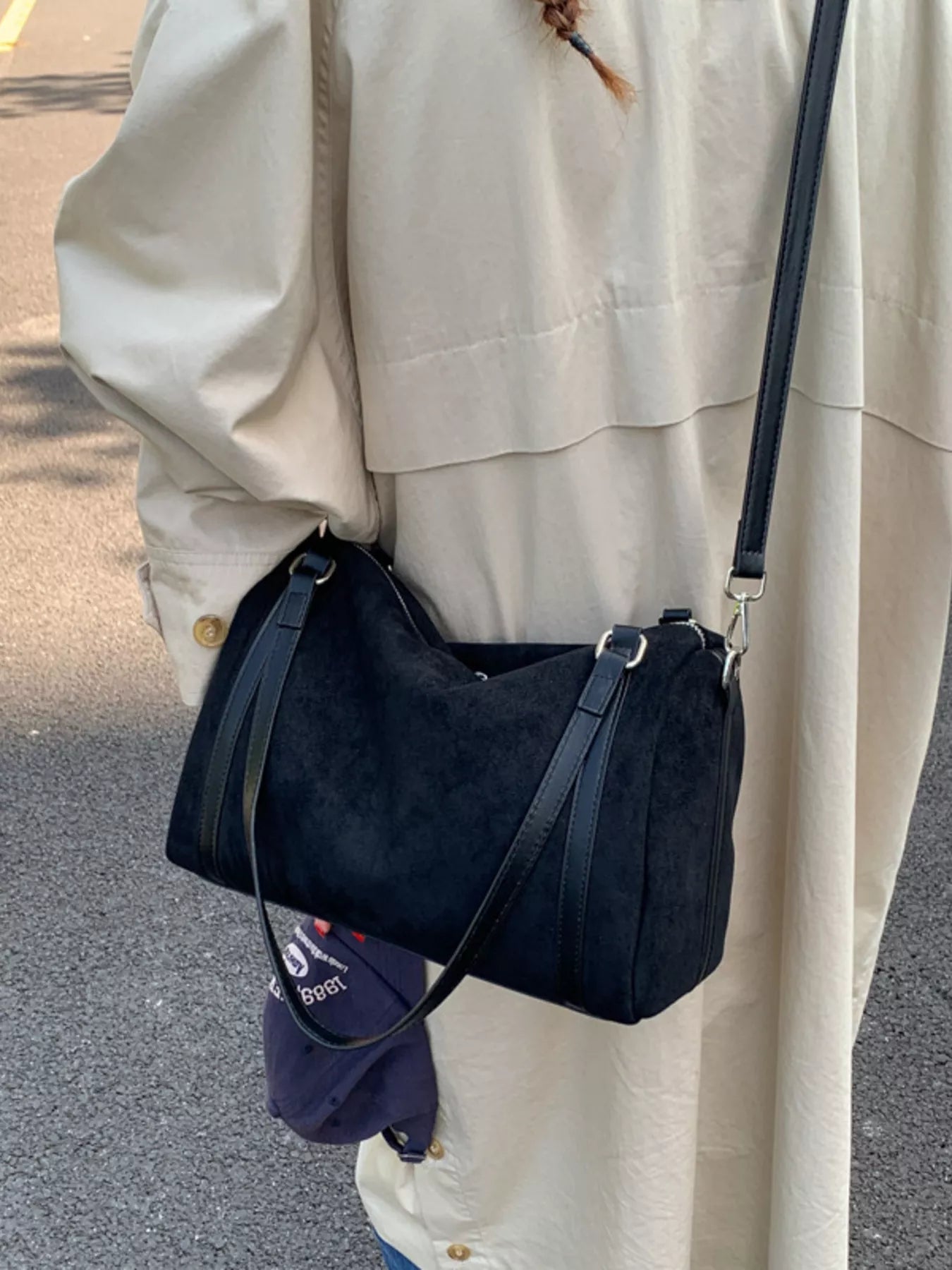 Suede Crossbody Bag with Zipper 