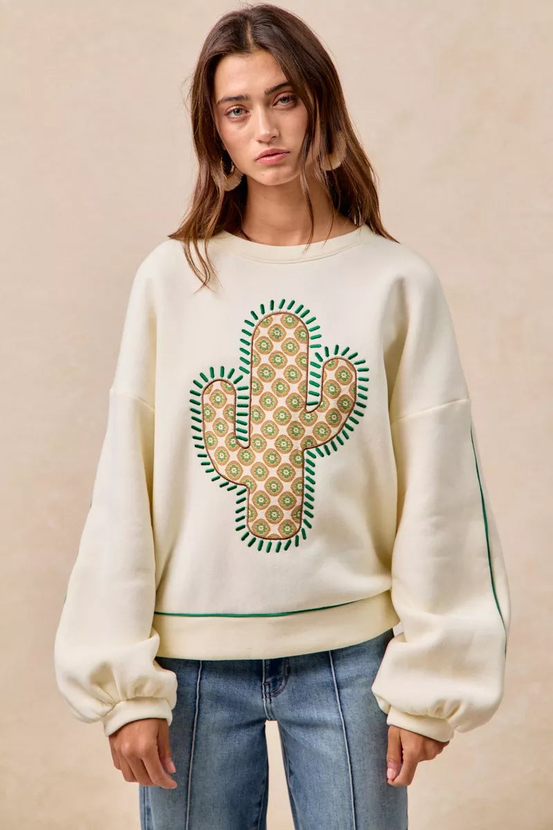 BiBi Cactus Embroidered Fleece Sweatshirt 