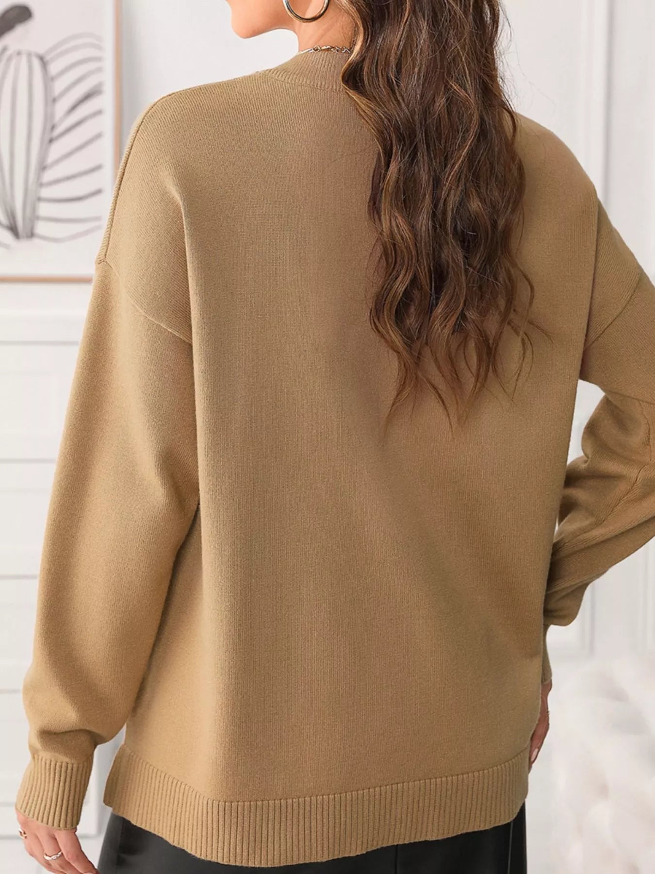 Center Seam Drop Shoulder Pullover Solid Sweater 