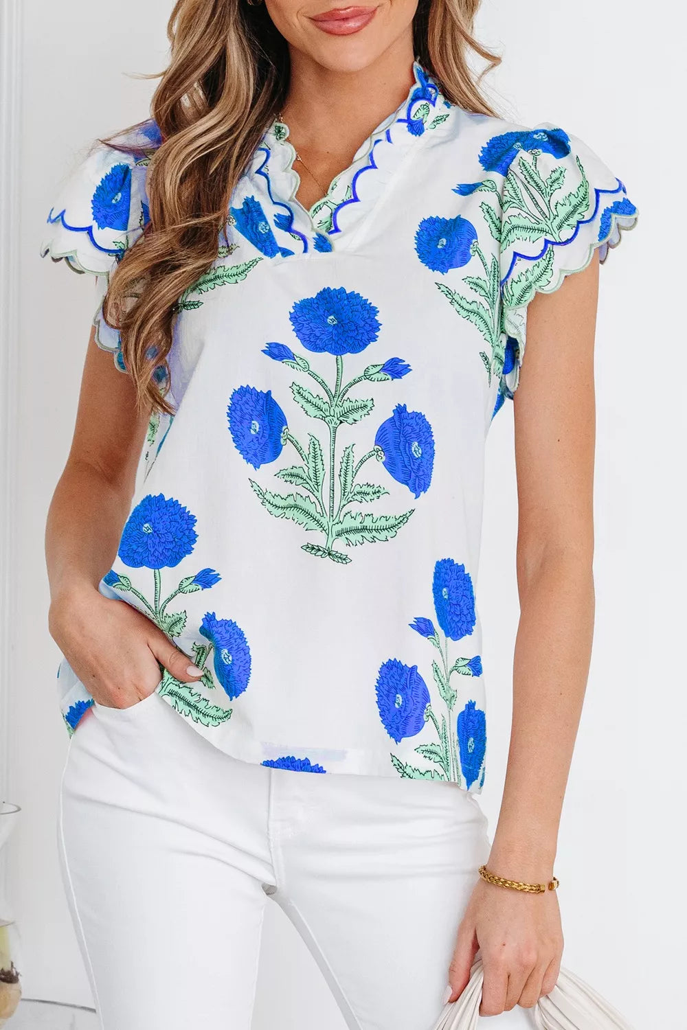 Contrast Scallop Trim Layered Short Sleeve V Neck Blouse 