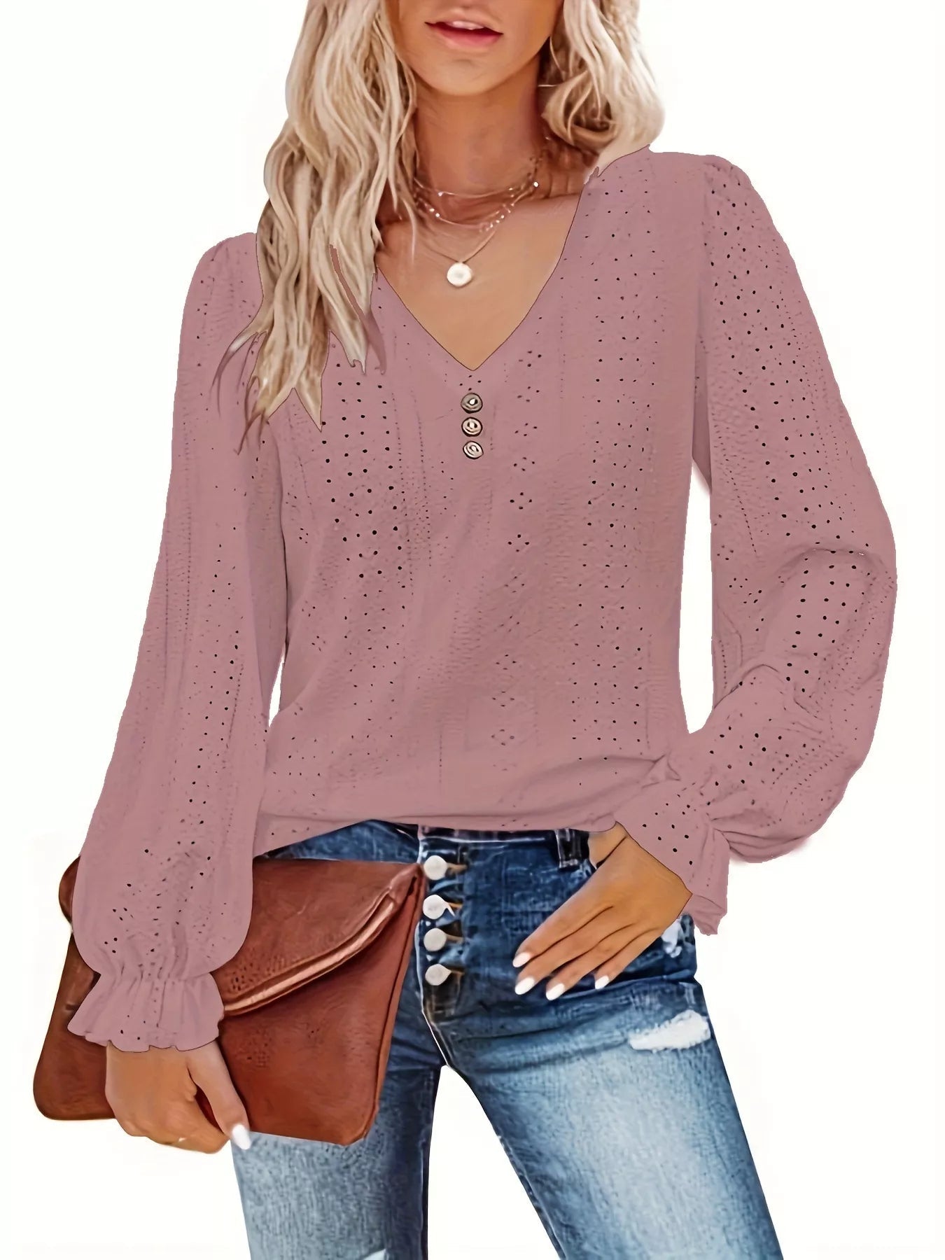 Plus Size Eyelet V-Neck Flounce Sleeve Blouse 