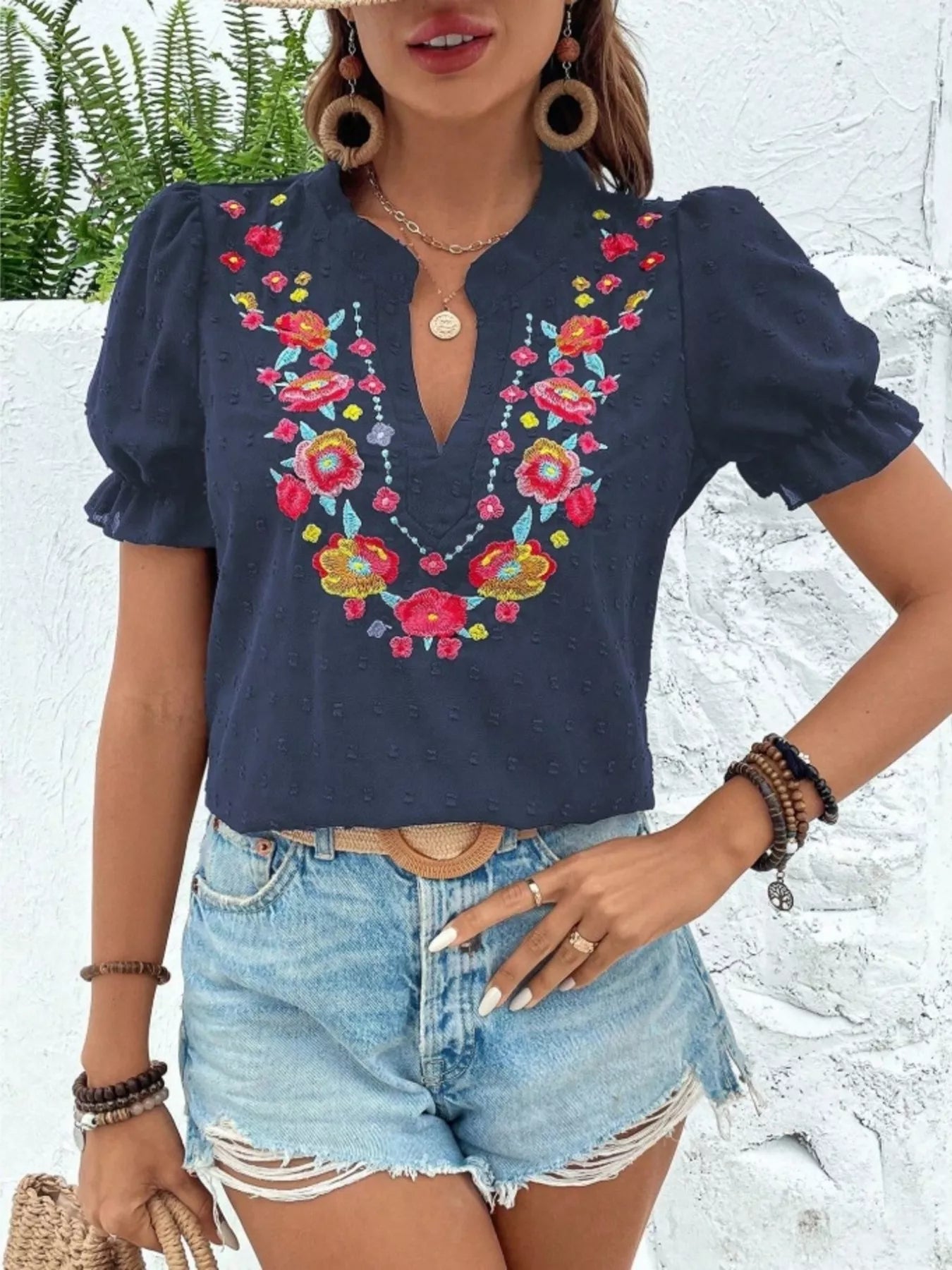 Floral Embroidered Puff Sleeve Blouse 