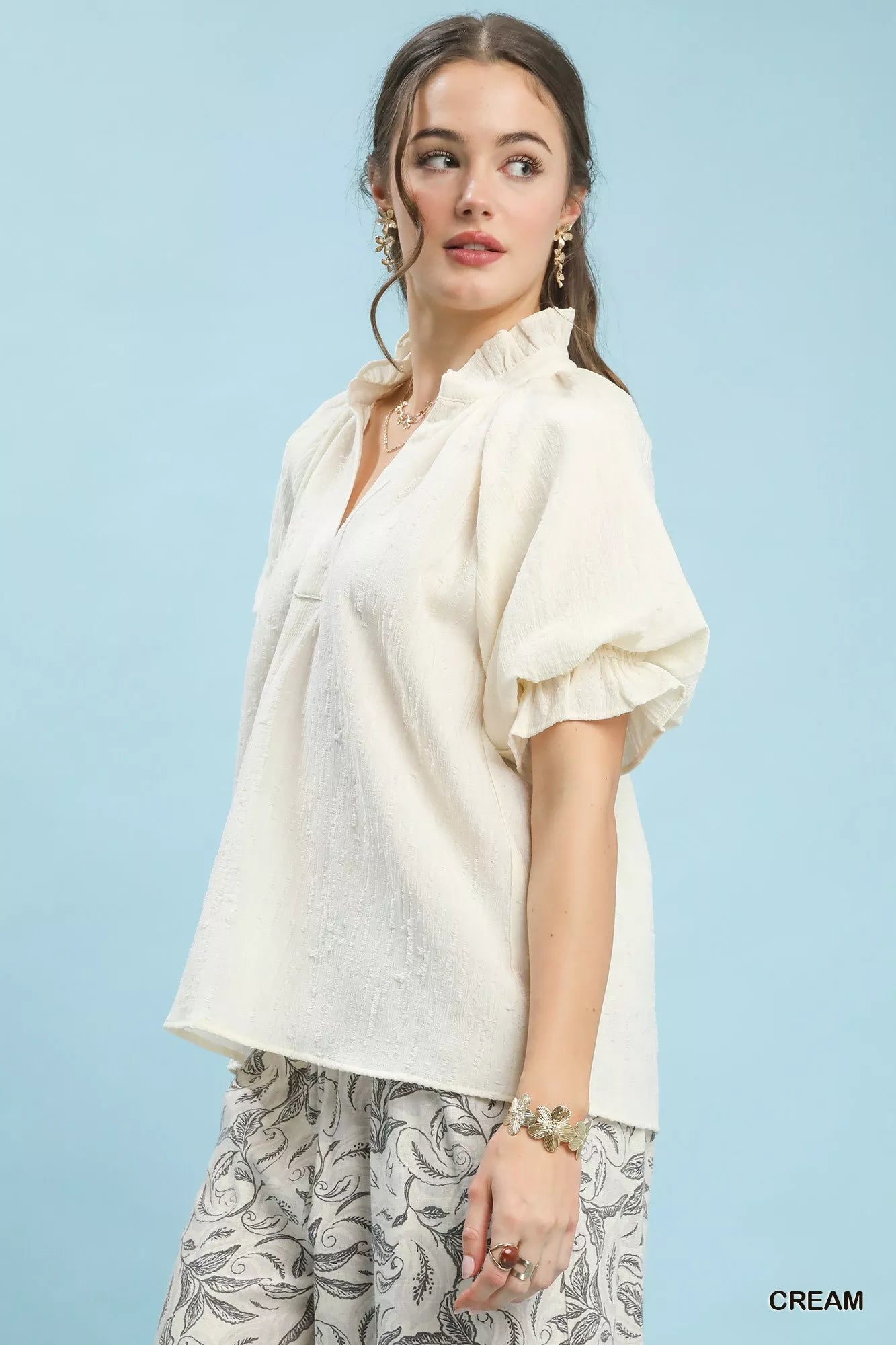 Umgee Textured Puff Sleeve Split Neck Top 