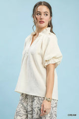 Umgee Textured Puff Sleeve Split Neck Top 