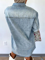 Chest Pocket Raw Hem Denim Loose Shirt Dress 